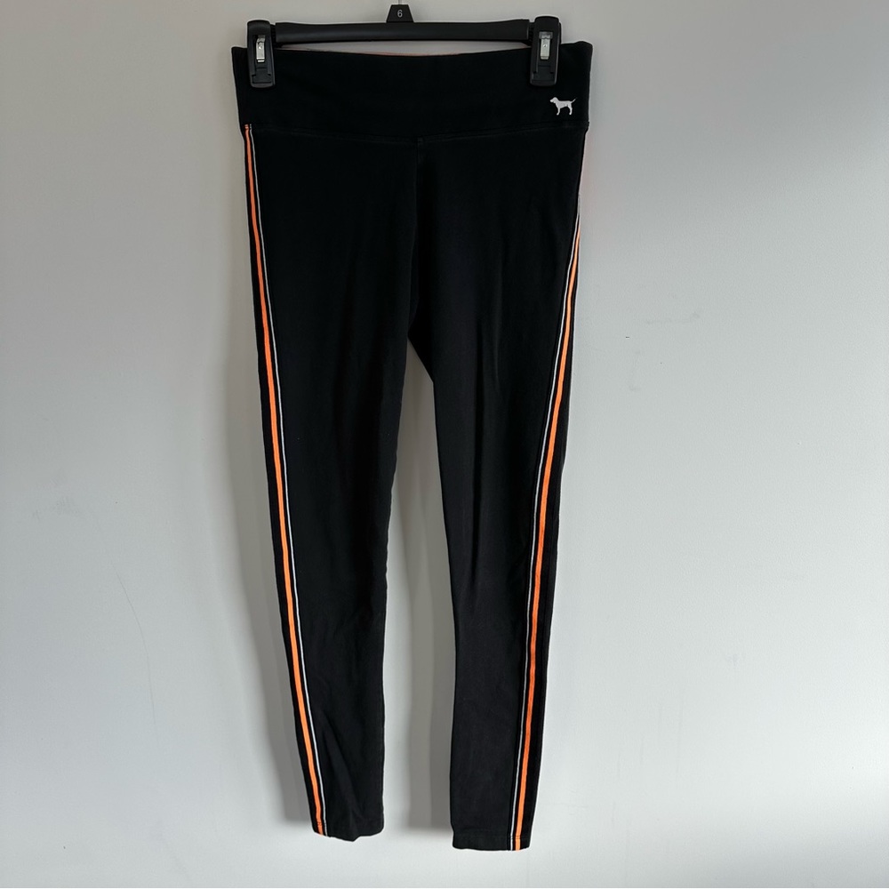 Victoria Secret PINK Black Leggings with Orange and White Stripe Activewear